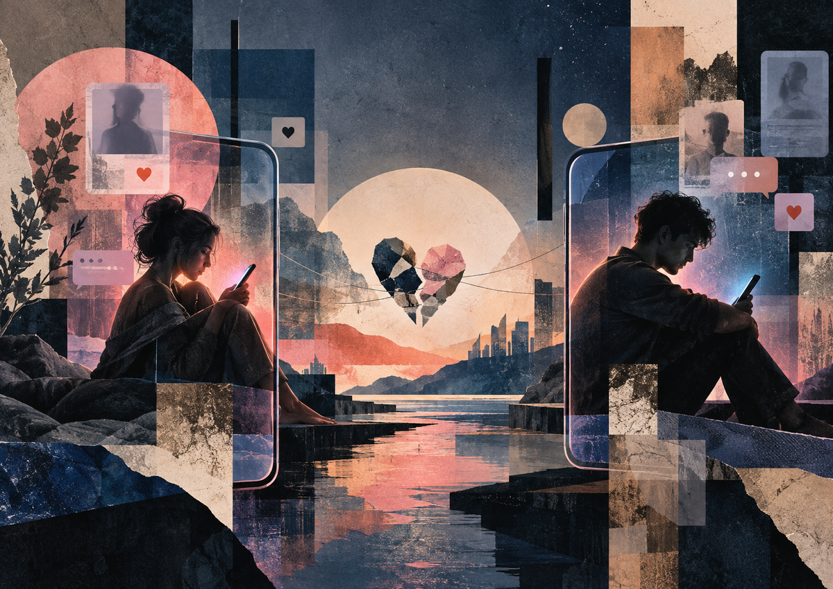 Editorial illustration of two people separated by phone screens, reflecting dating, distance, and modern intimacy