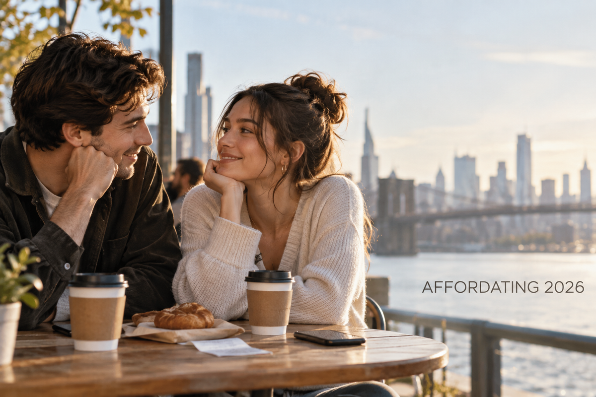 Young adult couple on a low-cost coffee date representing affordating in 2026