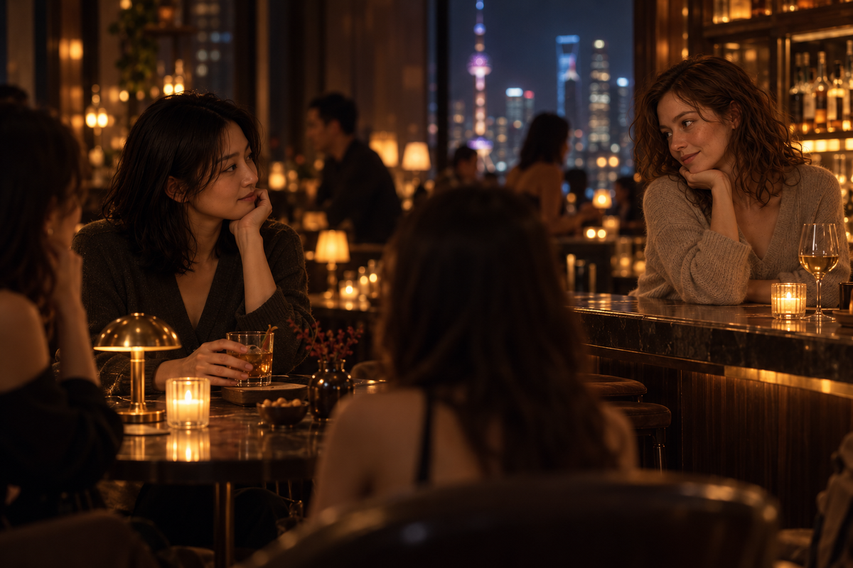 Two adult women exchanging a quiet glance across a warm Shanghai bar at night
