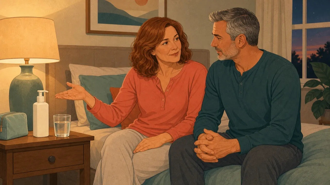 Midlife couple discussing a plain lubricant bottle and private storage pouch in a calm bedroom.