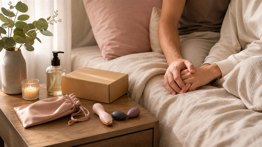 Couples intimacy guide with hands, massage oil, plain packaging, satin pouch, and discreet wellness products