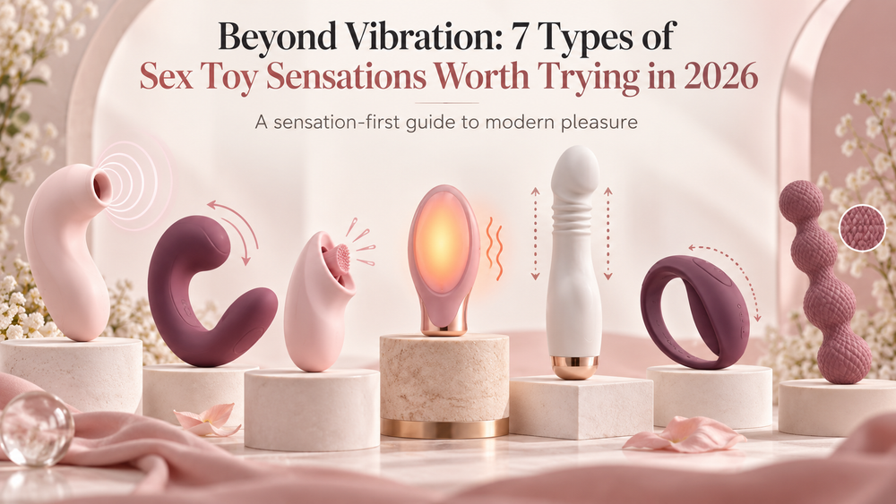 Seven sex toy sensation types including air pulse, rocking, heat, thrusting, wearable and texture