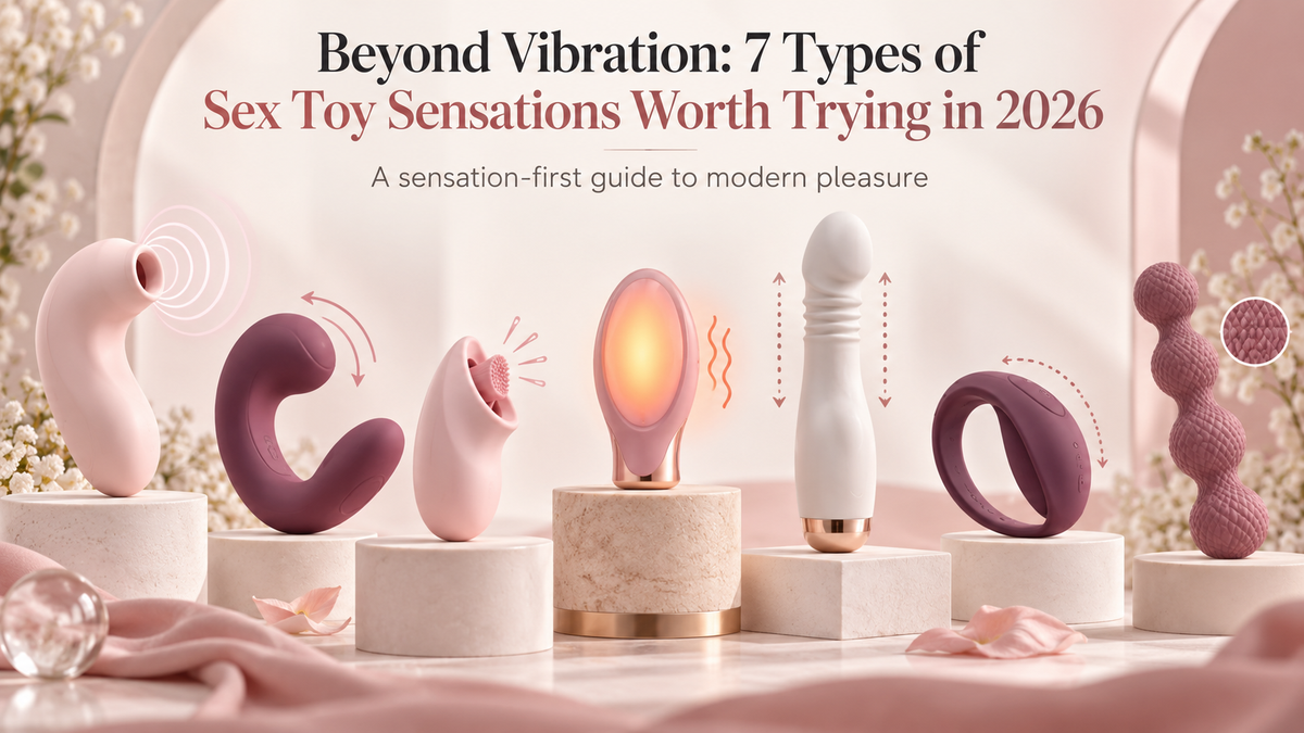 Seven sex toy sensation types including air pulse, rocking, heat, thrusting, wearable and texture