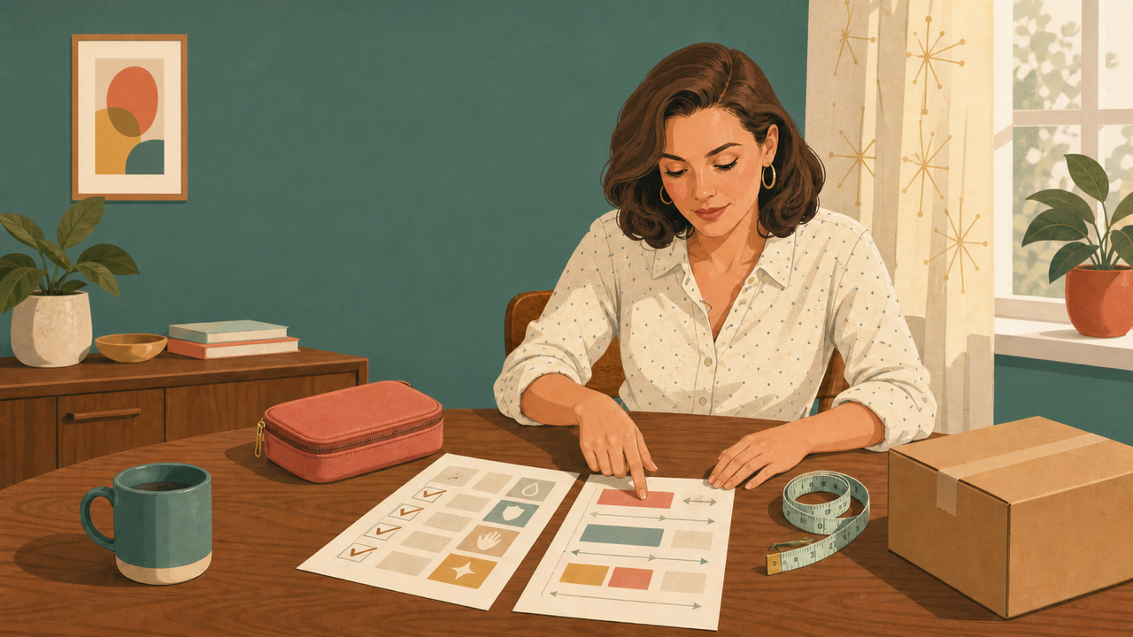 Adult American shopper comparing paper specifications, measurements, storage, and discreet delivery details before checkout.