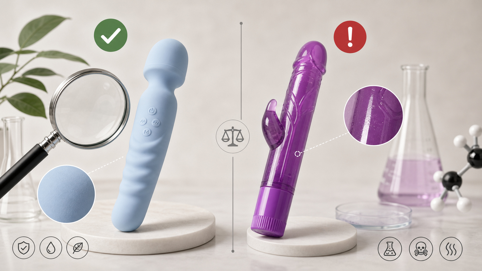 Body-safe silicone toy material comparison showing safe silicone versus unsafe porous alternatives
