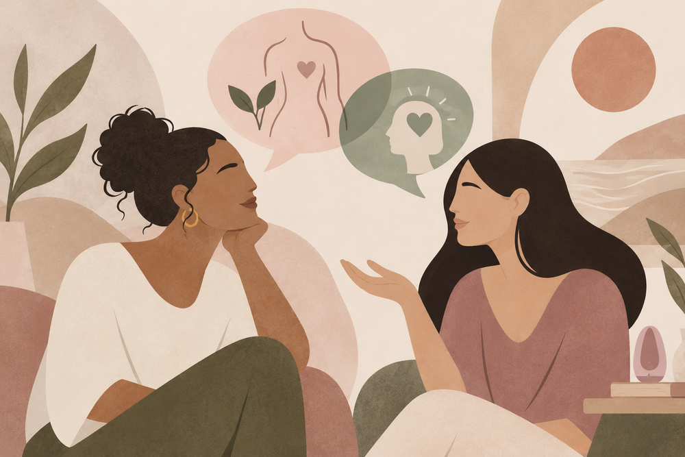 Two adults in a calm conversation about body awareness and sexual wellness