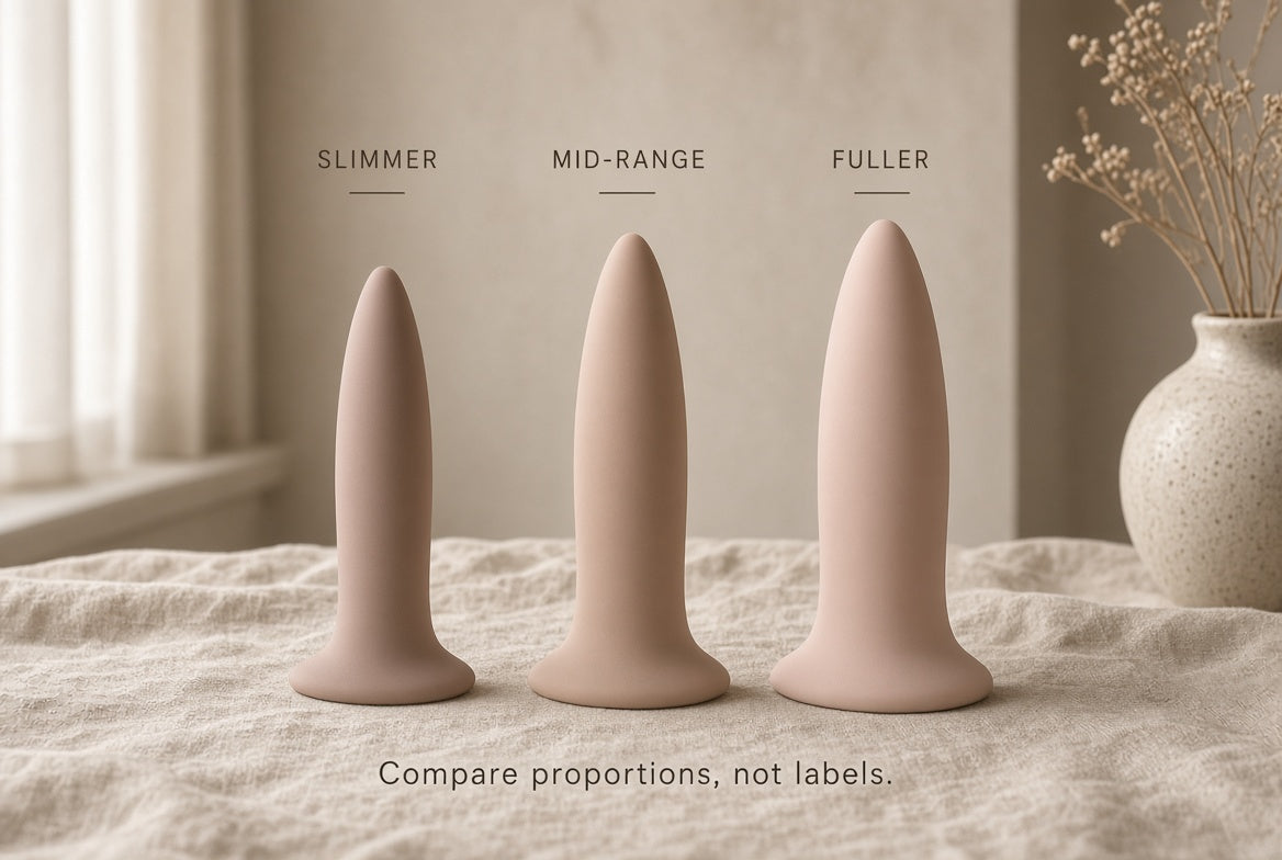 Comparison of slimmer, mid-range, and fuller dildo proportions
