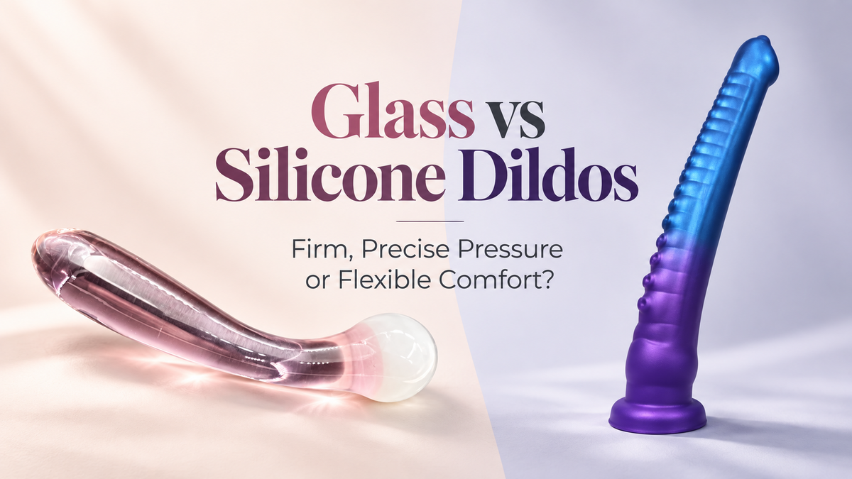 Glass vs silicone dildos comparison showing a curved glass dildo and a flexible textured silicone dildo