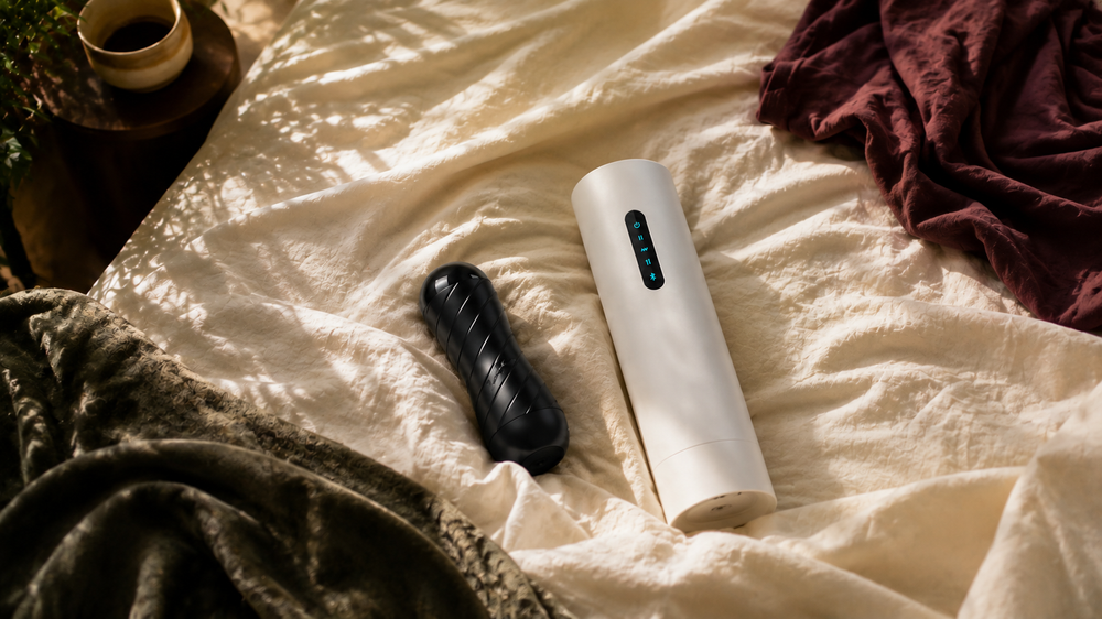 Hands-free and handheld male masturbators resting naturally on a bed
