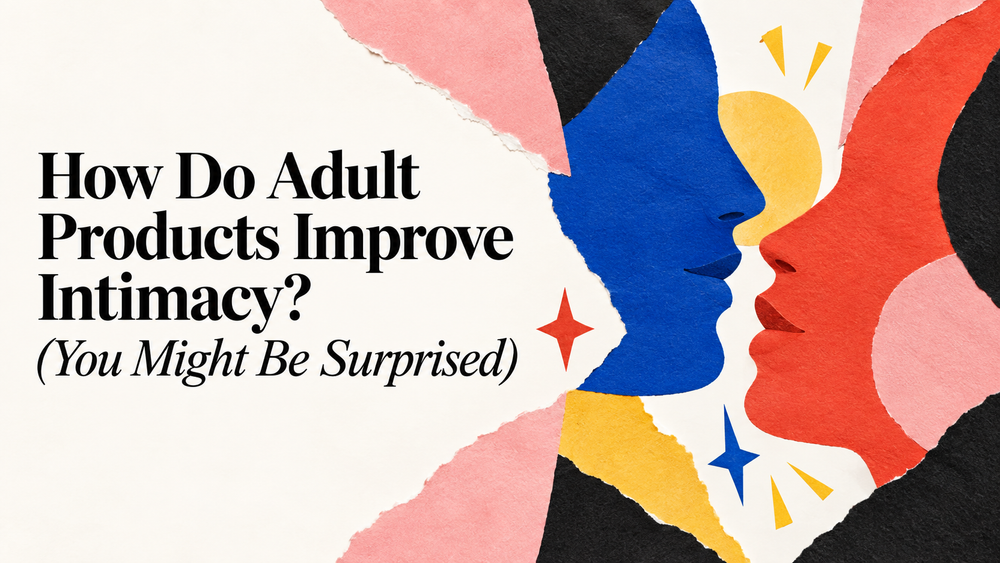 Editorial collage of two abstract profiles facing each other for a relationship wellness article about how adult products can improve intimacy