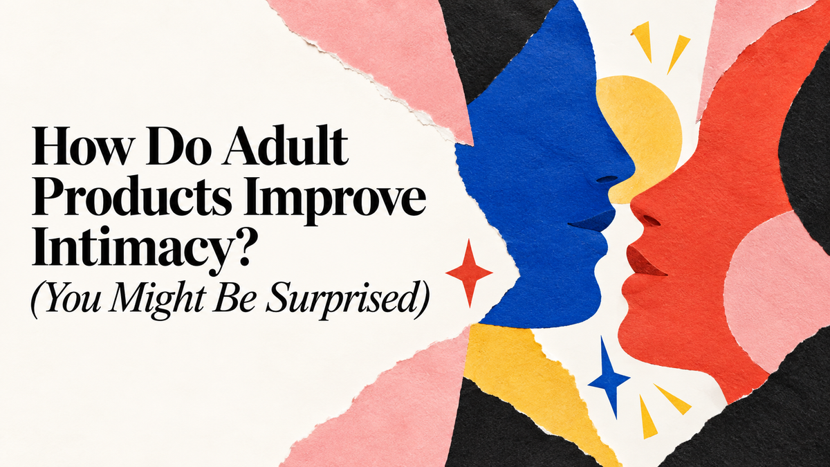 Editorial collage of two abstract profiles facing each other for a relationship wellness article about how adult products can improve intimacy