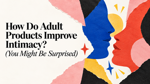 Editorial collage of two abstract profiles facing each other for a relationship wellness article about how adult products can improve intimacy