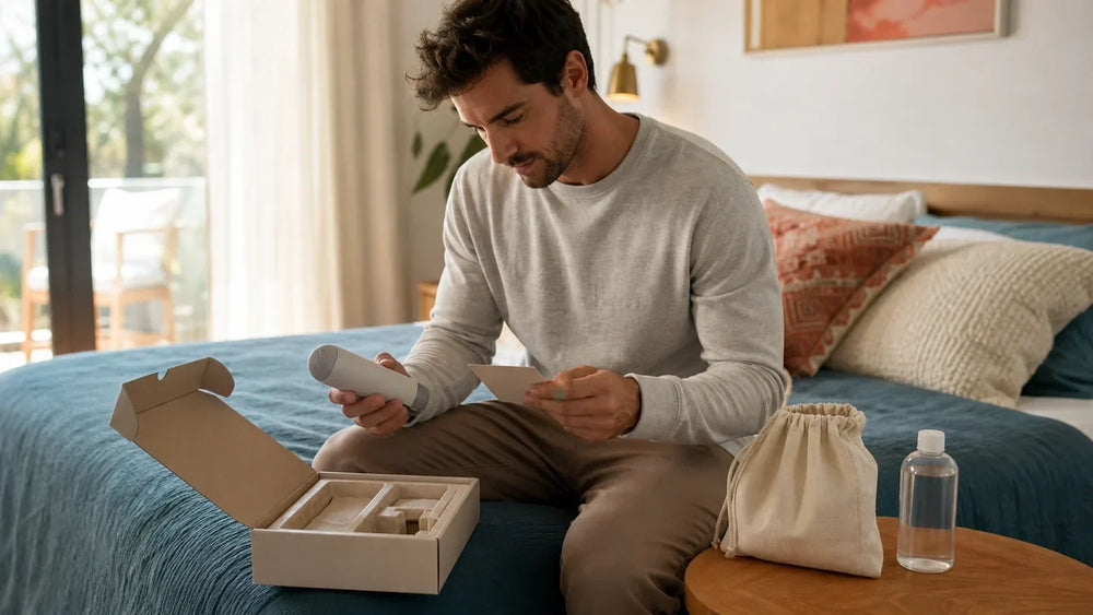 Adult American man reads the care card for a compact beginner wellness product