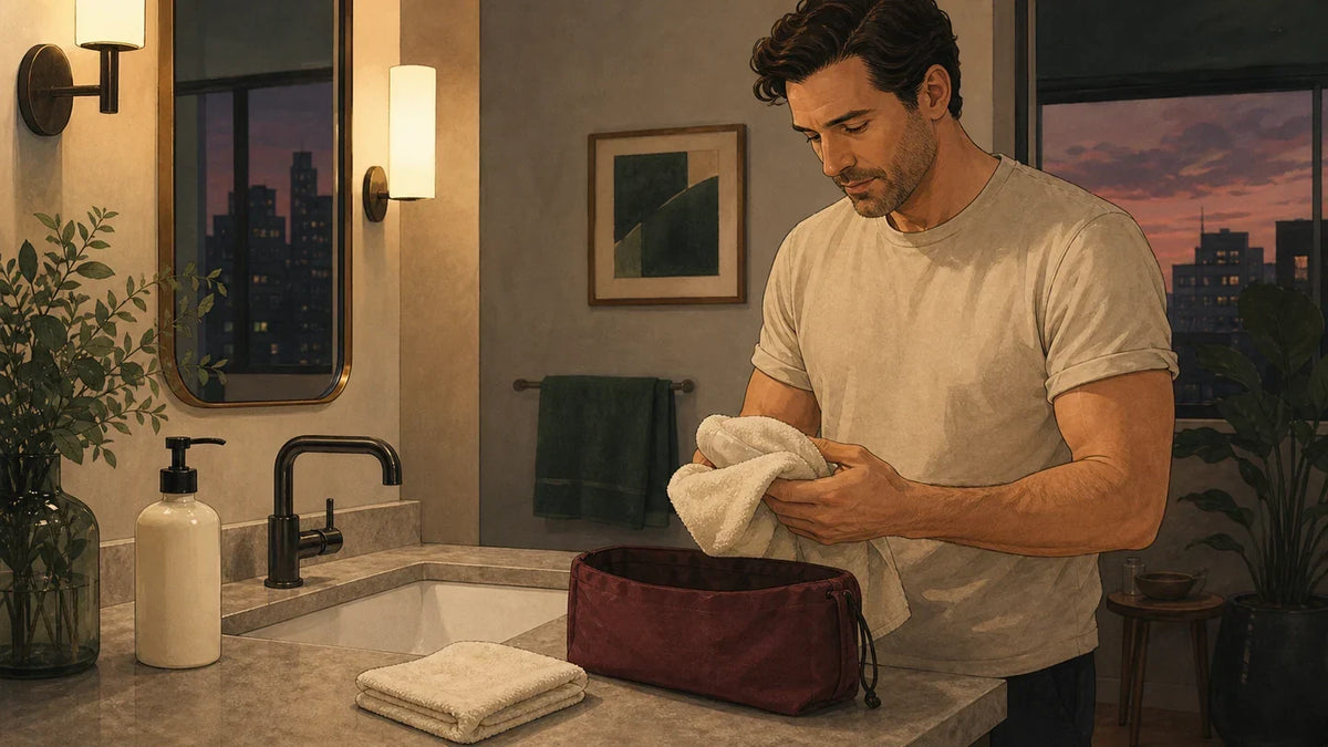 Adult man prepares towels, mild soap, and a private storage pouch for a careful male masturbator cleaning routine.