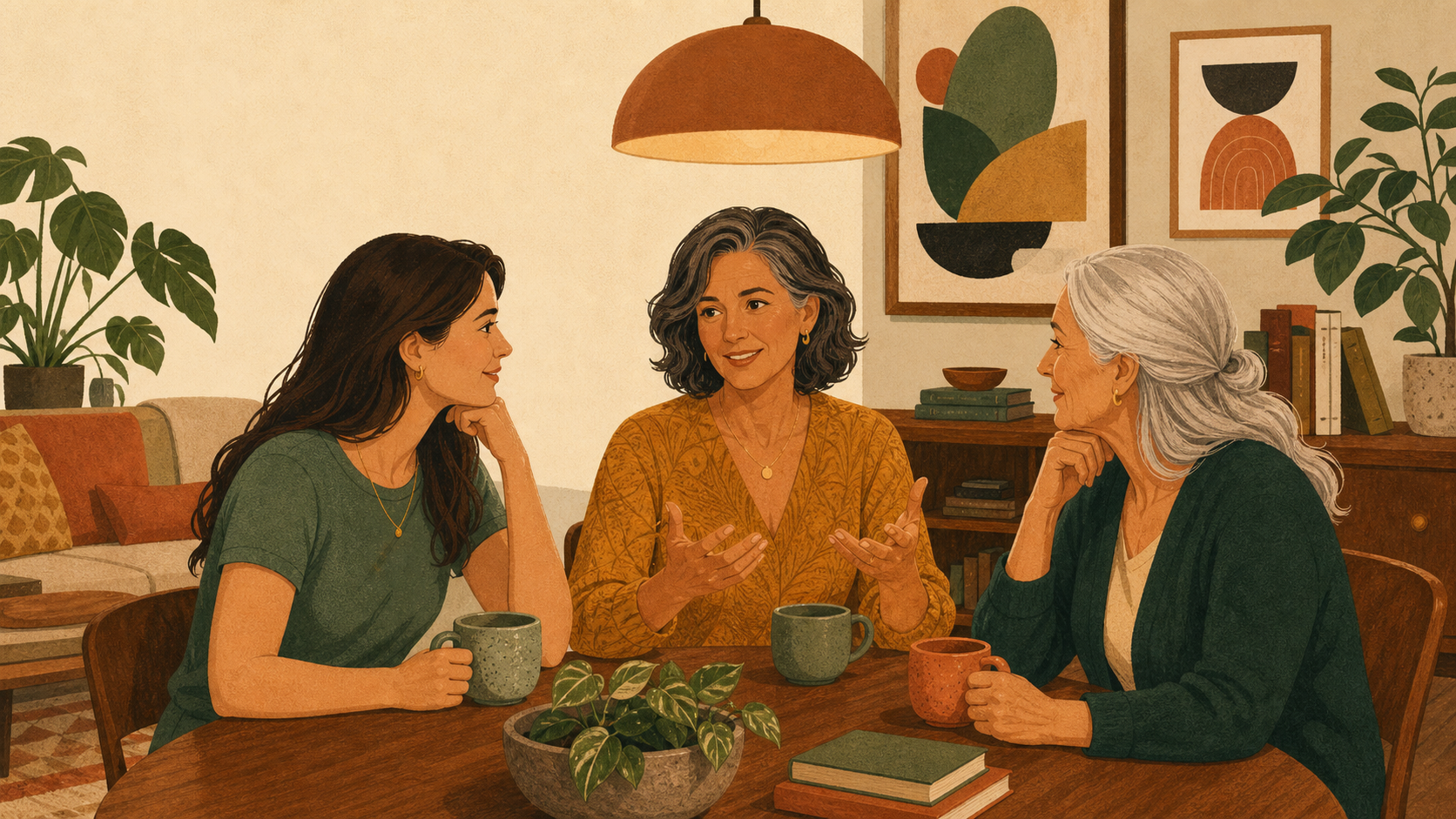 Three adult American women from different life stages having a supportive wellness conversation at home