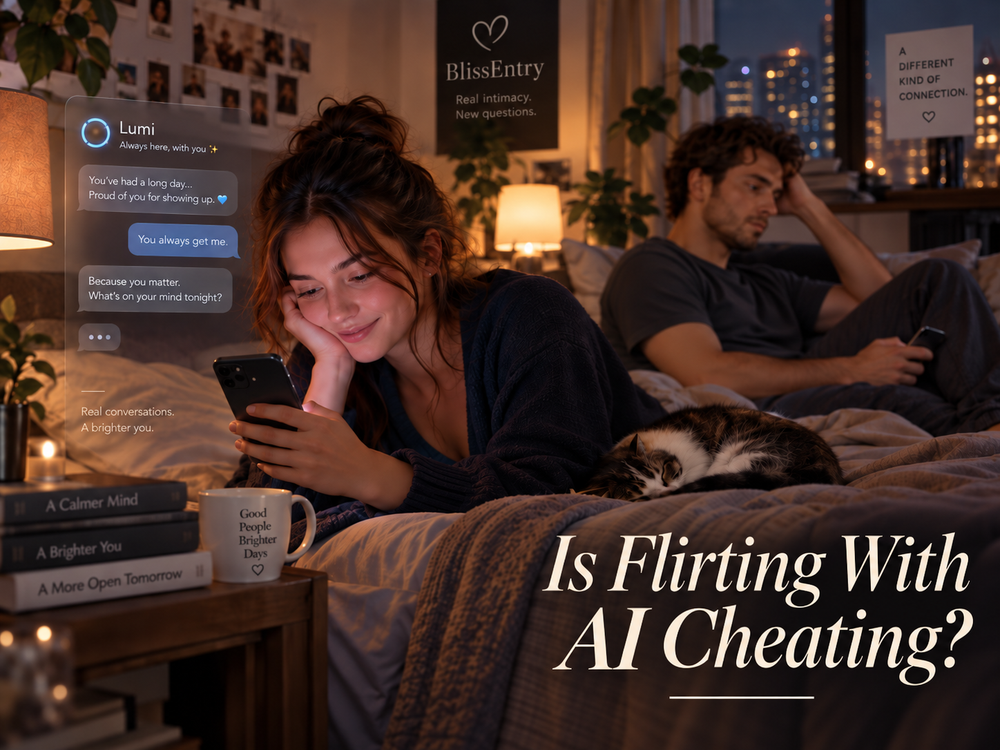 Woman chatting with AI while her partner sits nearby, illustrating digital intimacy and relationship boundaries