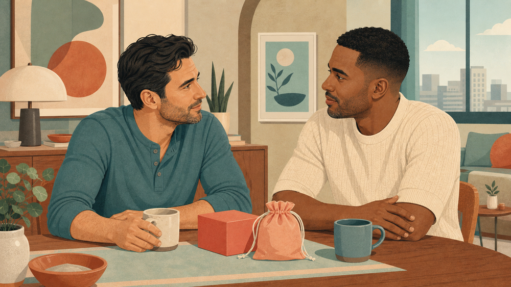 Two adult American husbands discussing a closed personal wellness product at their dining table, reflecting trust, shame, and shared choice.