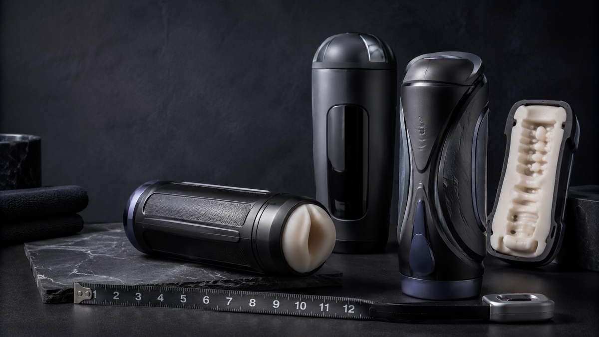 Male masturbator size guide with premium dark devices, internal sleeve texture, and measuring tape