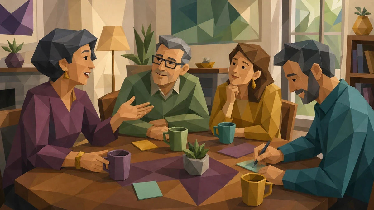 A multigenerational group of adults discussing personality and relationship preferences around a dining table