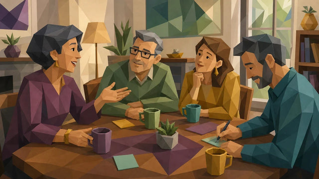A multigenerational group of adults discussing personality and relationship preferences around a dining table