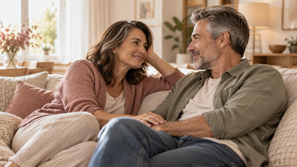 Midlife couple smiling and talking closely on a sofa in a bright, calm living room.