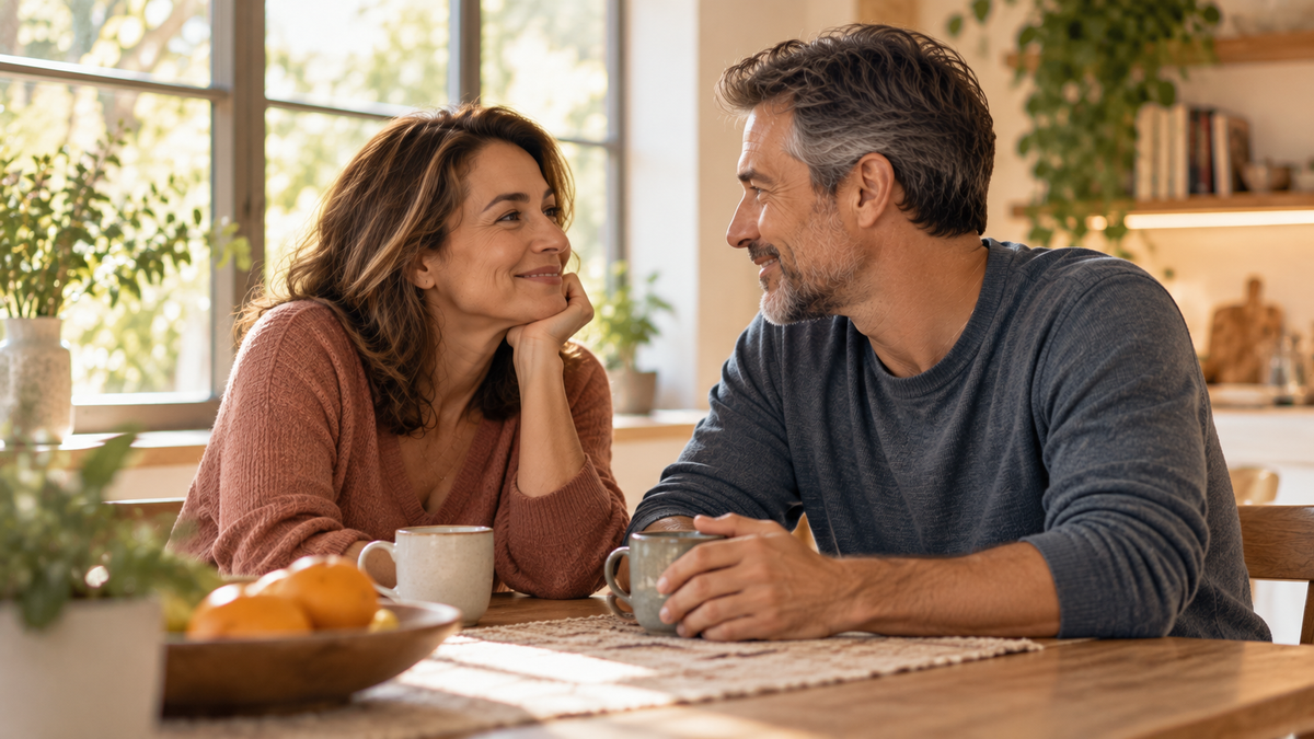 Middle-aged couple in their 40s to 50s having a relaxed conversation at home.