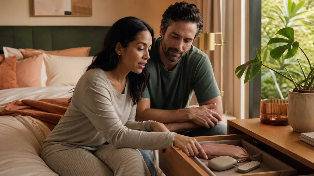 Adult American couple discusses discreet personal wellness products in a modern bedroom