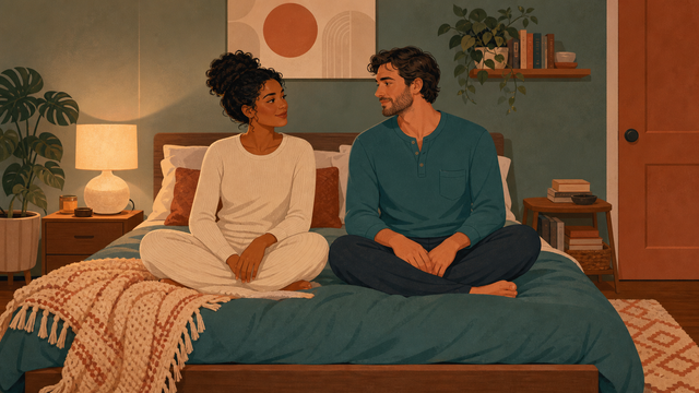 Adult couple sitting side by side with relaxed space, representing lower-pressure partnered intimacy