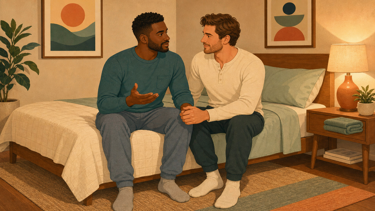 Two adult male partners discussing comfort, pace, and personal boundaries in a warm bedroom.