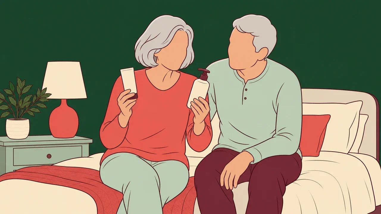 Mature woman comparing two plain personal-care bottles in a calm bedroom while her partner sits nearby.