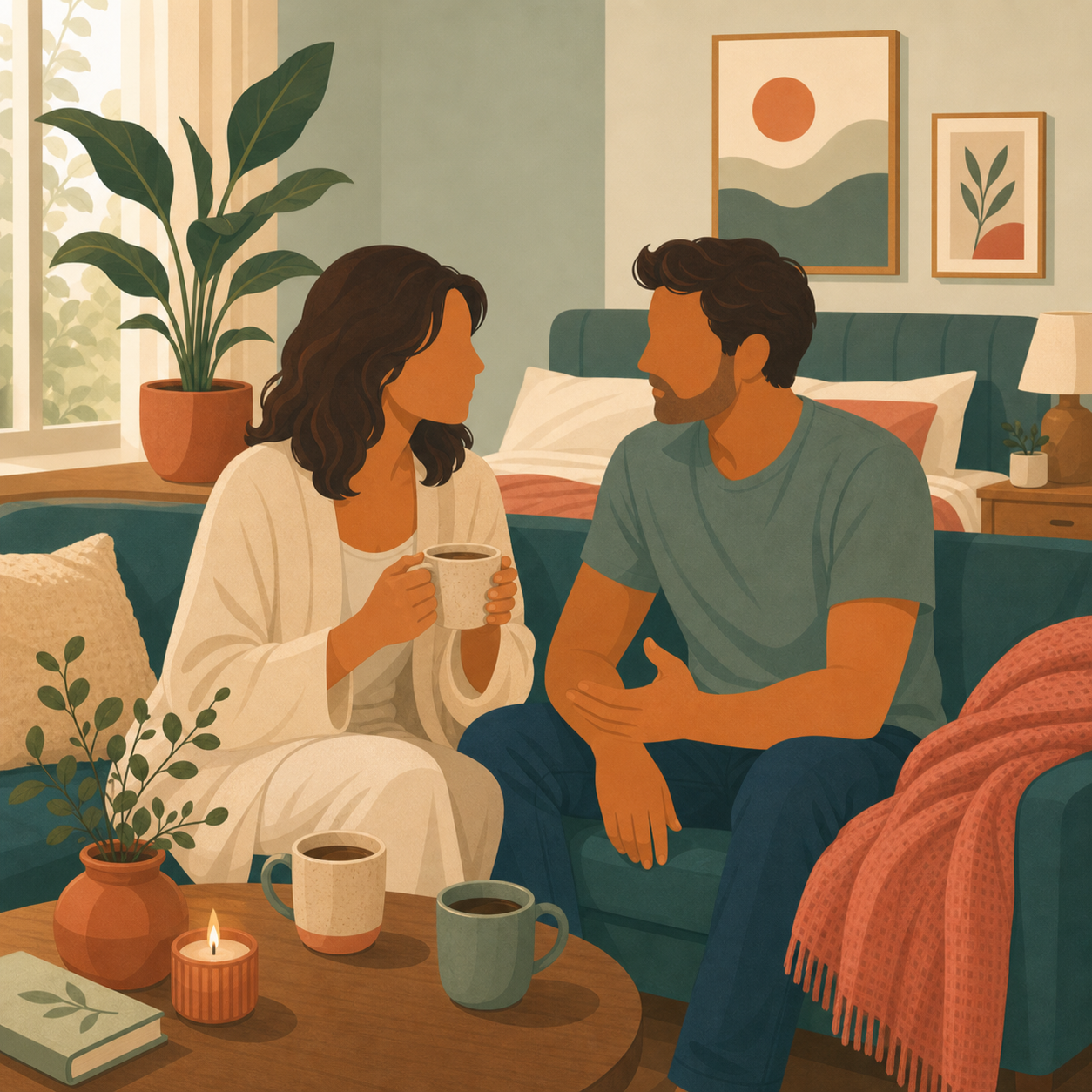 Retro flat illustration of a long-term American couple talking calmly at home