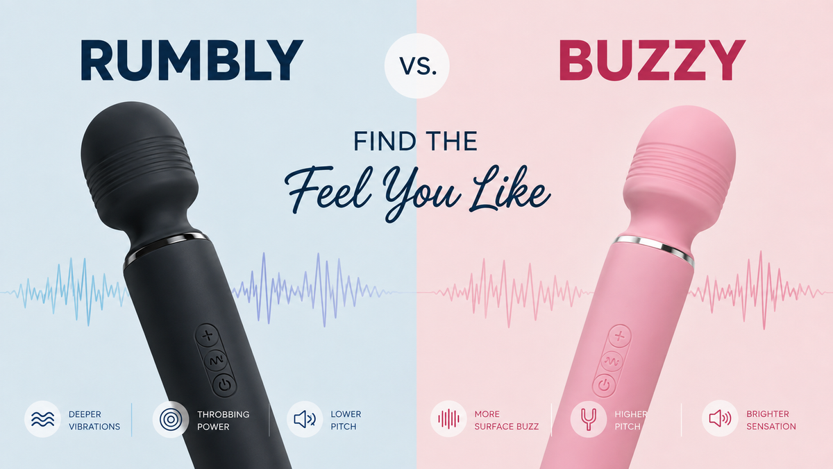 Rumbly vs buzzy vibrators comparison banner showing two wand vibrators and vibration waveforms