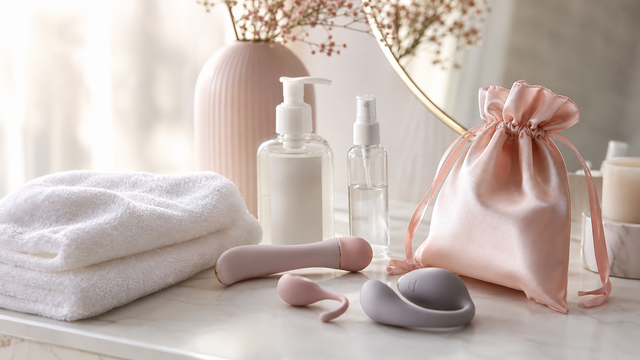 Clean and discreet sex toy cleaning and storage setup with towel, soap, pouch, and body-safe silicone wellness products