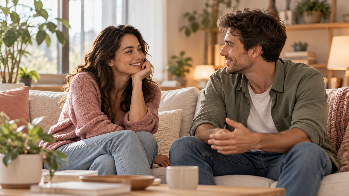 Two adults in their late twenties smiling and discussing their relationship in a comfortable living room.