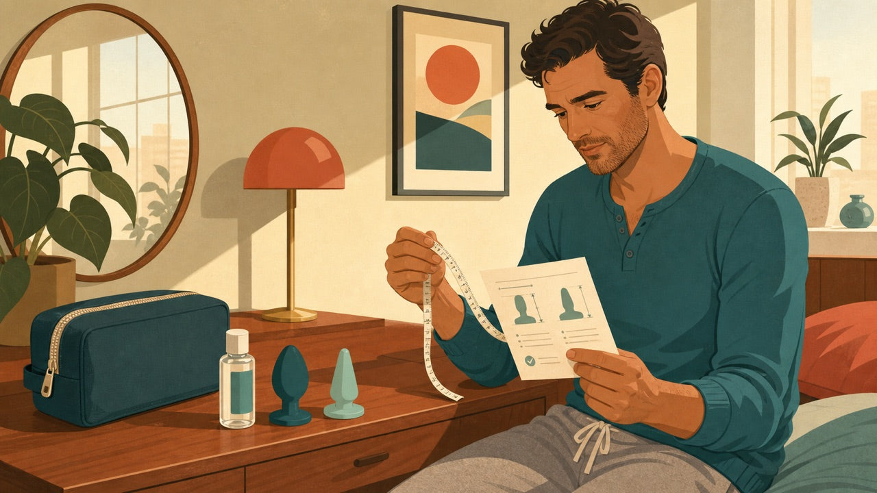 Adult shopper comparing a measuring tape, discreet pouch, lubricant, and generic small anal plug silhouettes.