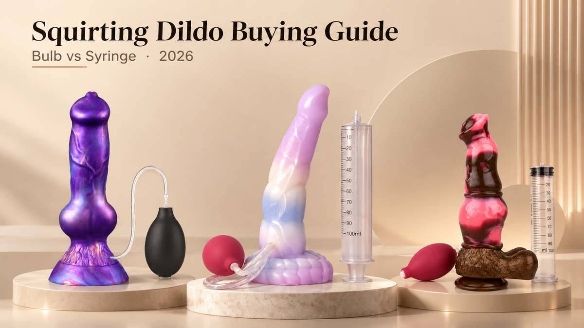Squirting dildo buying guide comparing three manual bulb and syringe designs in a cream studio setting