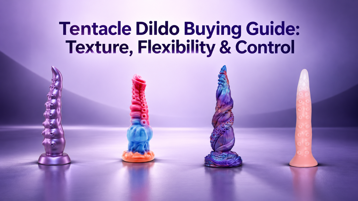Tentacle dildo buying guide with four sculpted designs on a purple studio background, comparing texture, flexibility and control