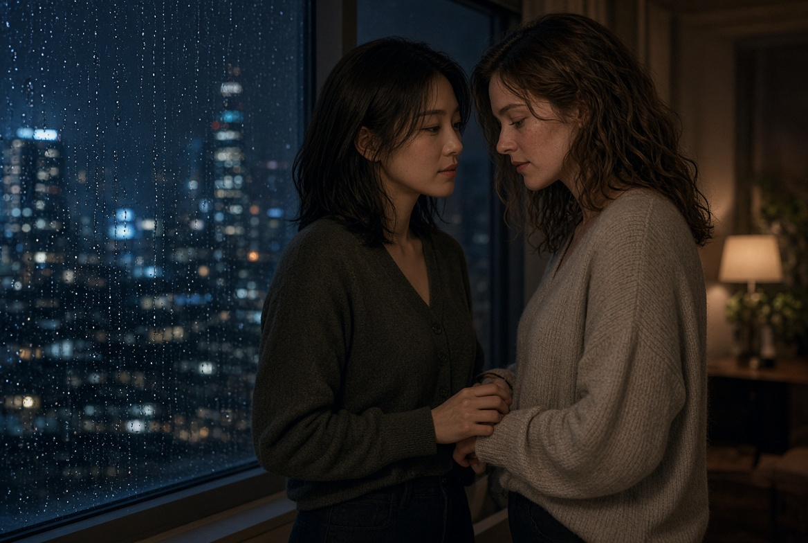 Two adult women sharing an intimate moment by a rain-covered window in Shanghai at night