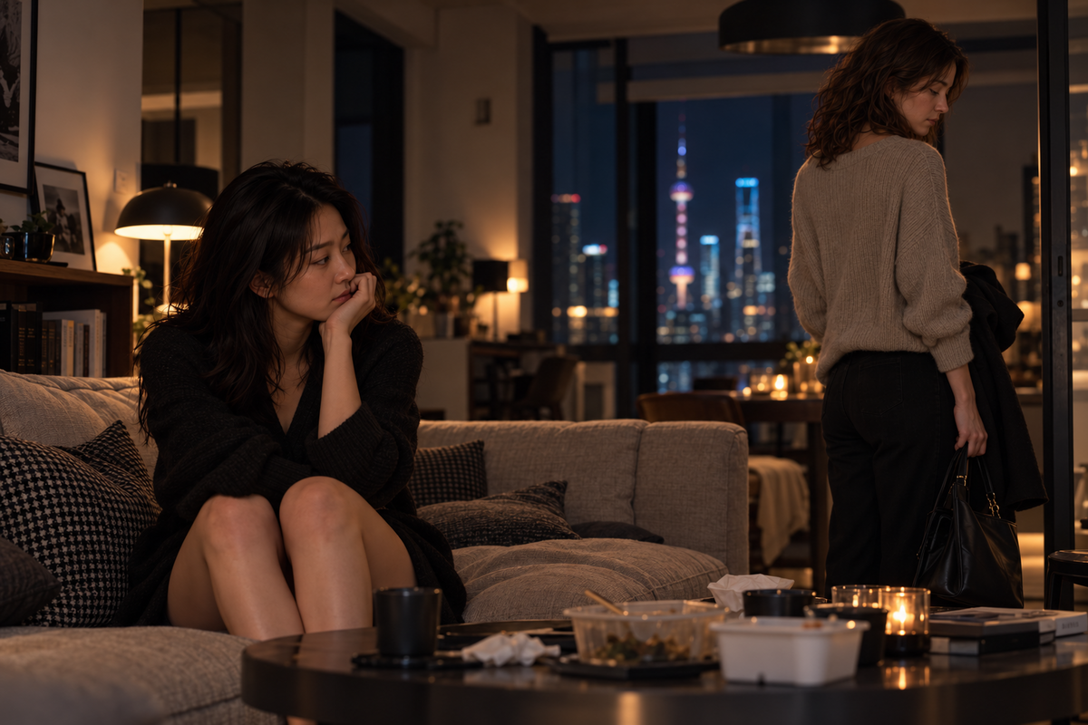 Two adult women in a tense quiet moment after an argument in a Shanghai apartment at night