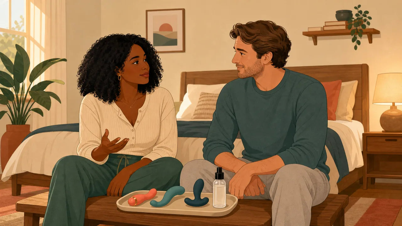 Two adult partners discuss external, curved internal, and flared-base prostate wellness tools in a calm bedroom.