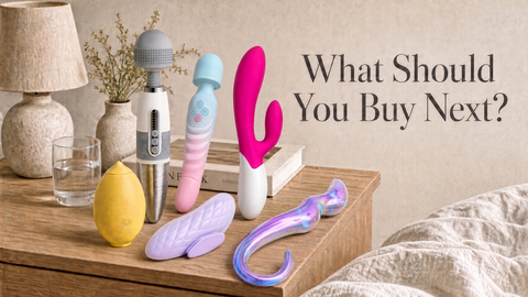 Six different BlissEntry pleasure products arranged on a bedside table beside the headline What Should You Buy Next