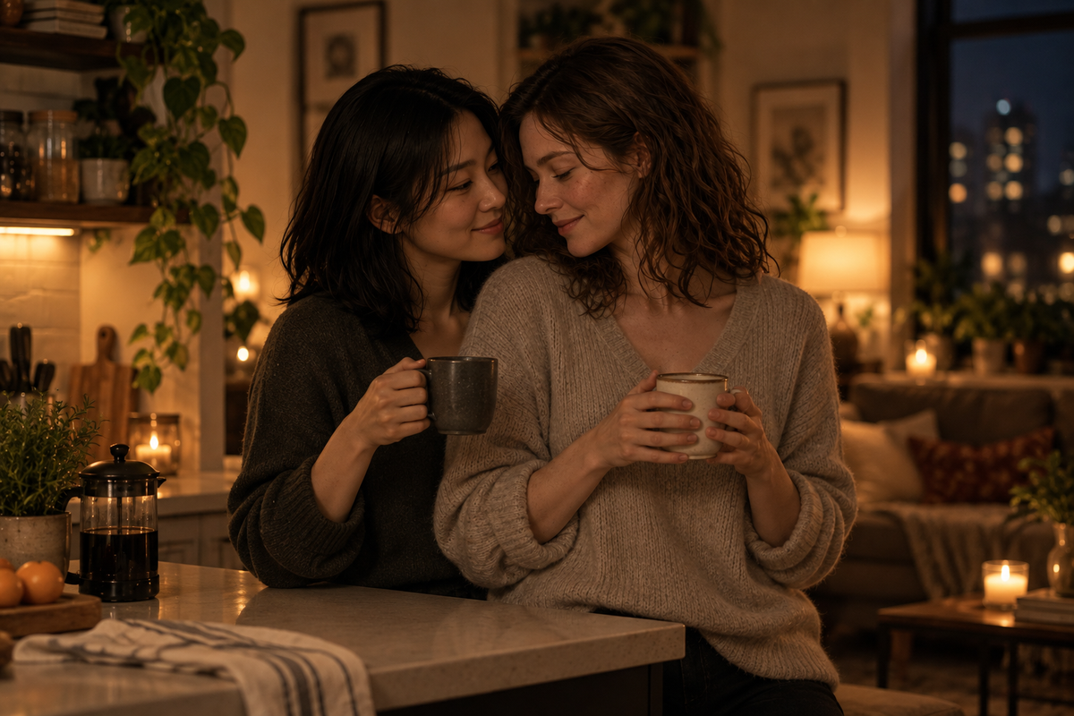 Two adult women sharing a warm quiet moment with mugs in a cozy apartment at night