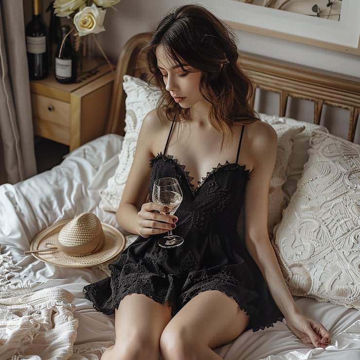 Model in a black lace bodysuit holding a glass of wine, showcasing Erotic Lingerie collection in a cozy bedroom.