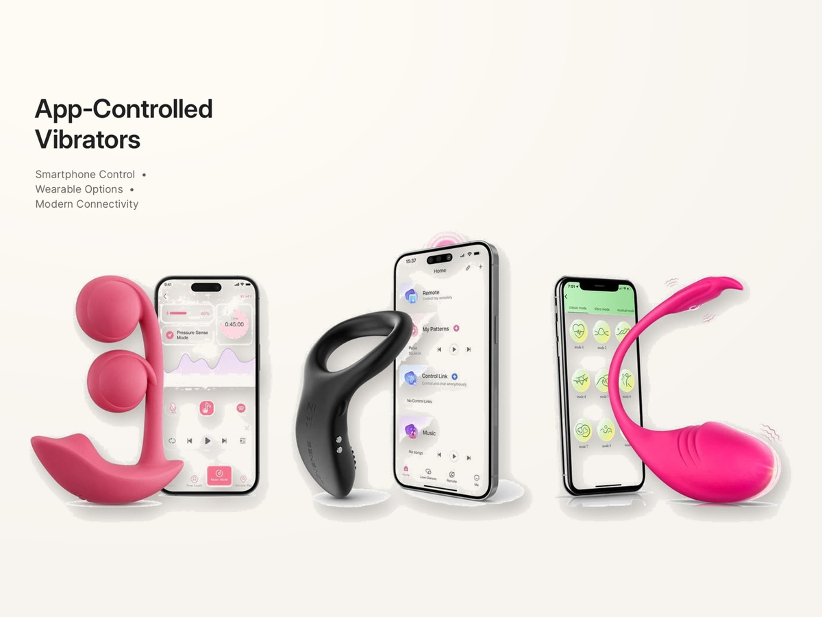 App-controlled vibrator designs displayed with smartphone app interfaces on an ivory background
