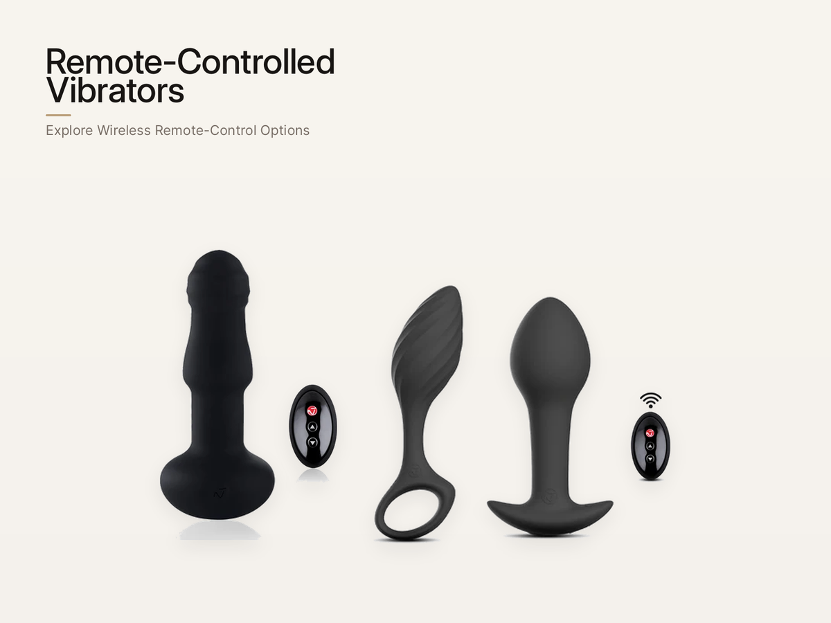 Remote-controlled vibrator product designs and matching handheld remotes on an ivory background