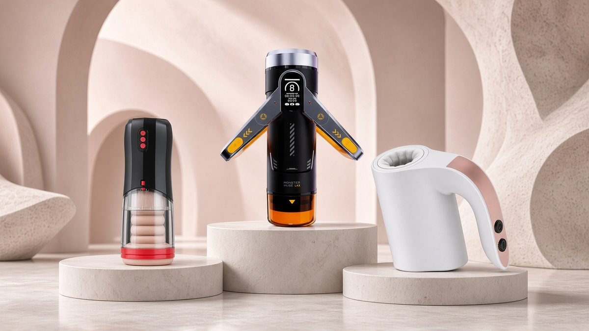 Three automatic male masturbators displayed on cream stone pedestals: black, black and orange, and white designs