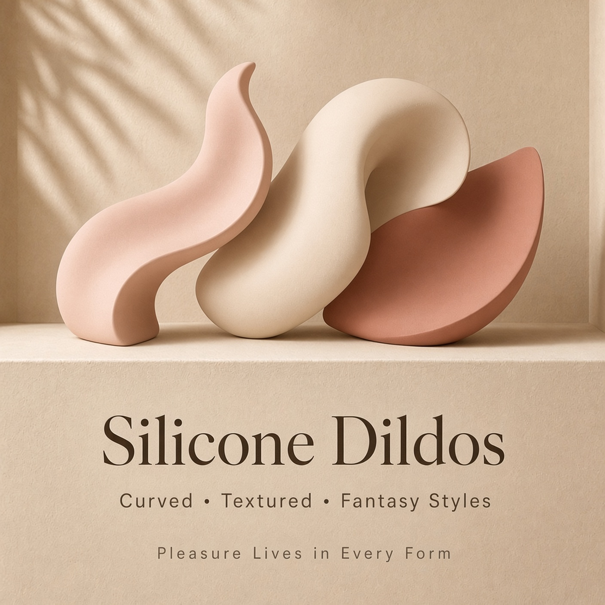 Silicone Dildos collection cover with abstract curved forms in warm neutral tones