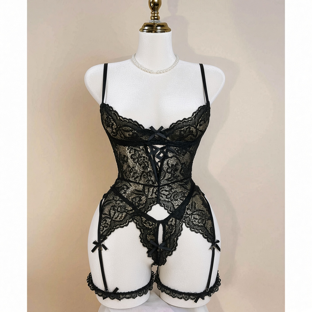 Black lace corset garter lingerie set on white mannequin, front view