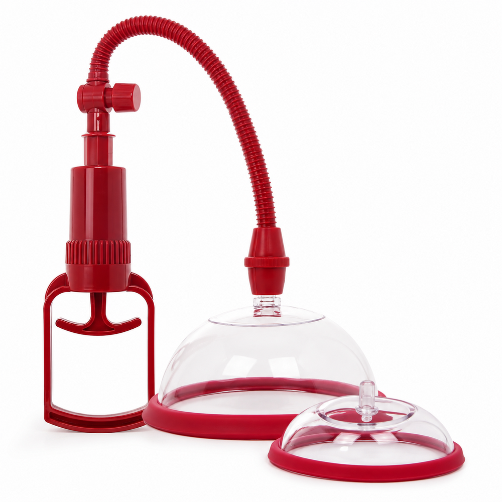 Red vulva suction pump set with two clear cups, pull-rod pump and hose
