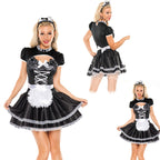 Women’s Sexy Black & White French Maid Costume – Lace-Up Mini Dress